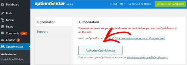 Authorize OptinMonster in WordPress
