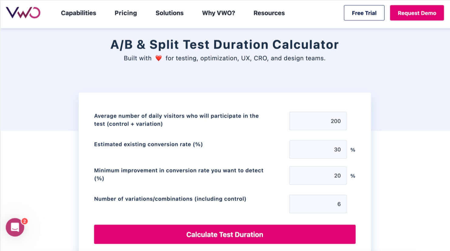 VWO's A/B & Split Test Duration Calculator. It asked for this information: Average number of daily visitors who will participate in the test (control + variation), Estimated existing conversion rate (%), Minimum improvement in conversion rate you want to detect (%), and Number of variations/combinations (including control). The CTA button says "Calculate Test Duration"