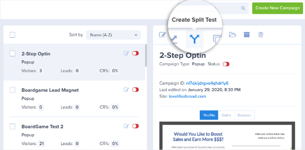 Create Split test from your optinmonster dashboard