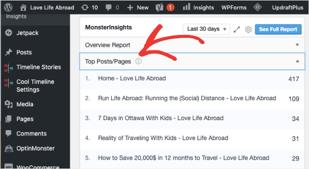 Screenshot of MonsterInsights dashboard. It shows a list of top posts and pages