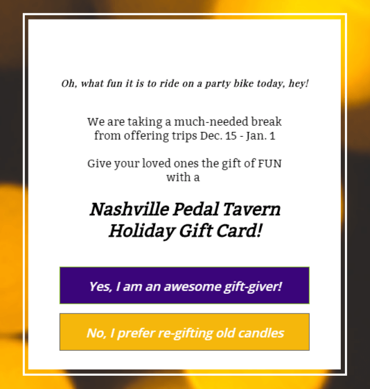 Nashville Pedal Wagon offered gift certificates using OptinMonster