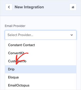 Select Drip from the Integrations drop down menu